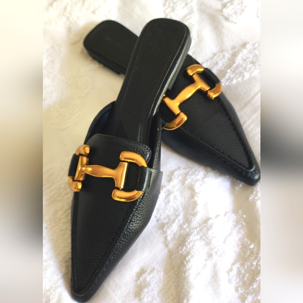 NEW Leather black mules with gold buckle